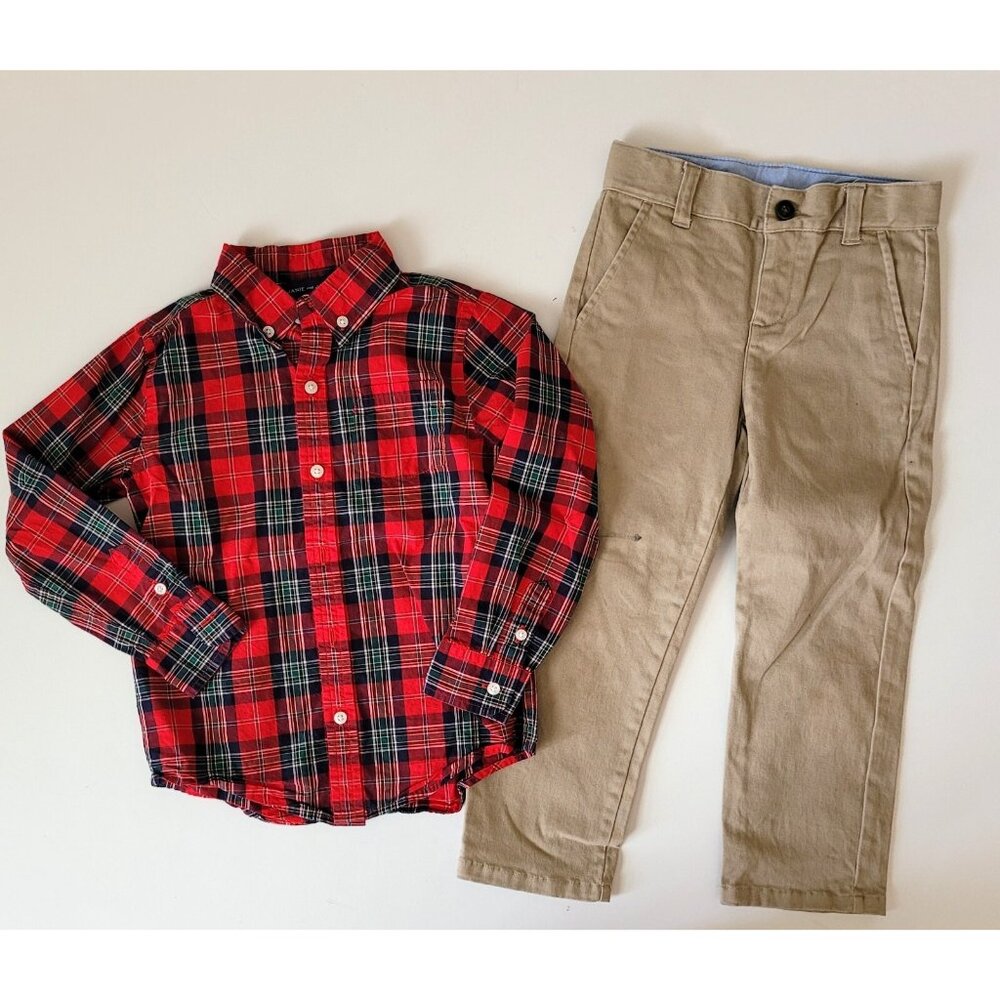 Janie and Jack 4 Red Plaid Button Down Shirt Khaki Pants Set